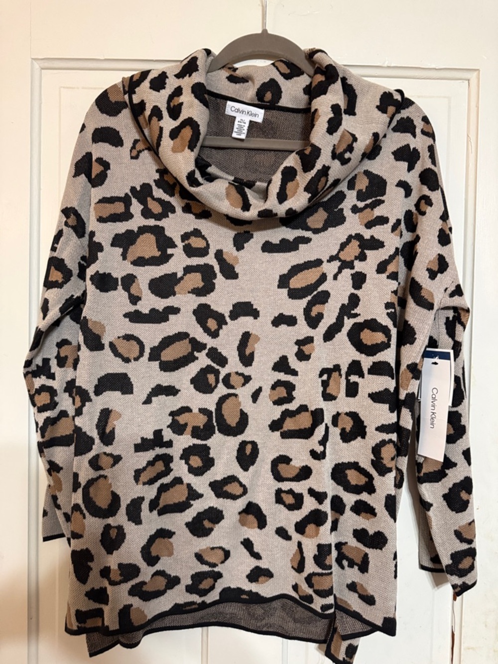 Calvin Klein Leopard Print Cowl Neck Sweater in Beige, Black, Brown